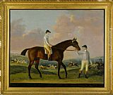 Portrait of Henry Comptons Race Horse Cottager Held by a Groom with Jockey and a Race Beyond